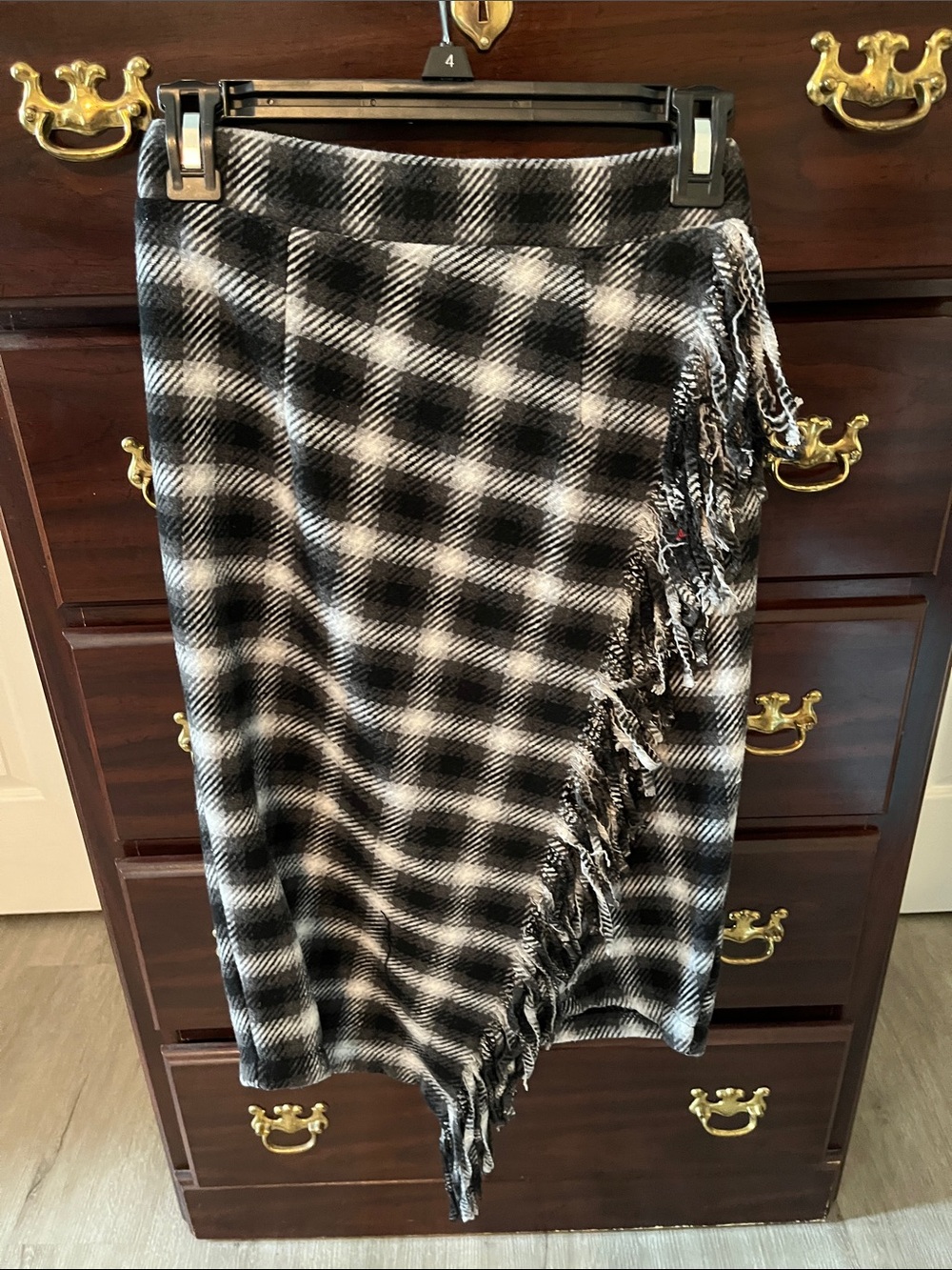 Time and Tru Black and White Plaid Asymmetrical Fringe Skirt